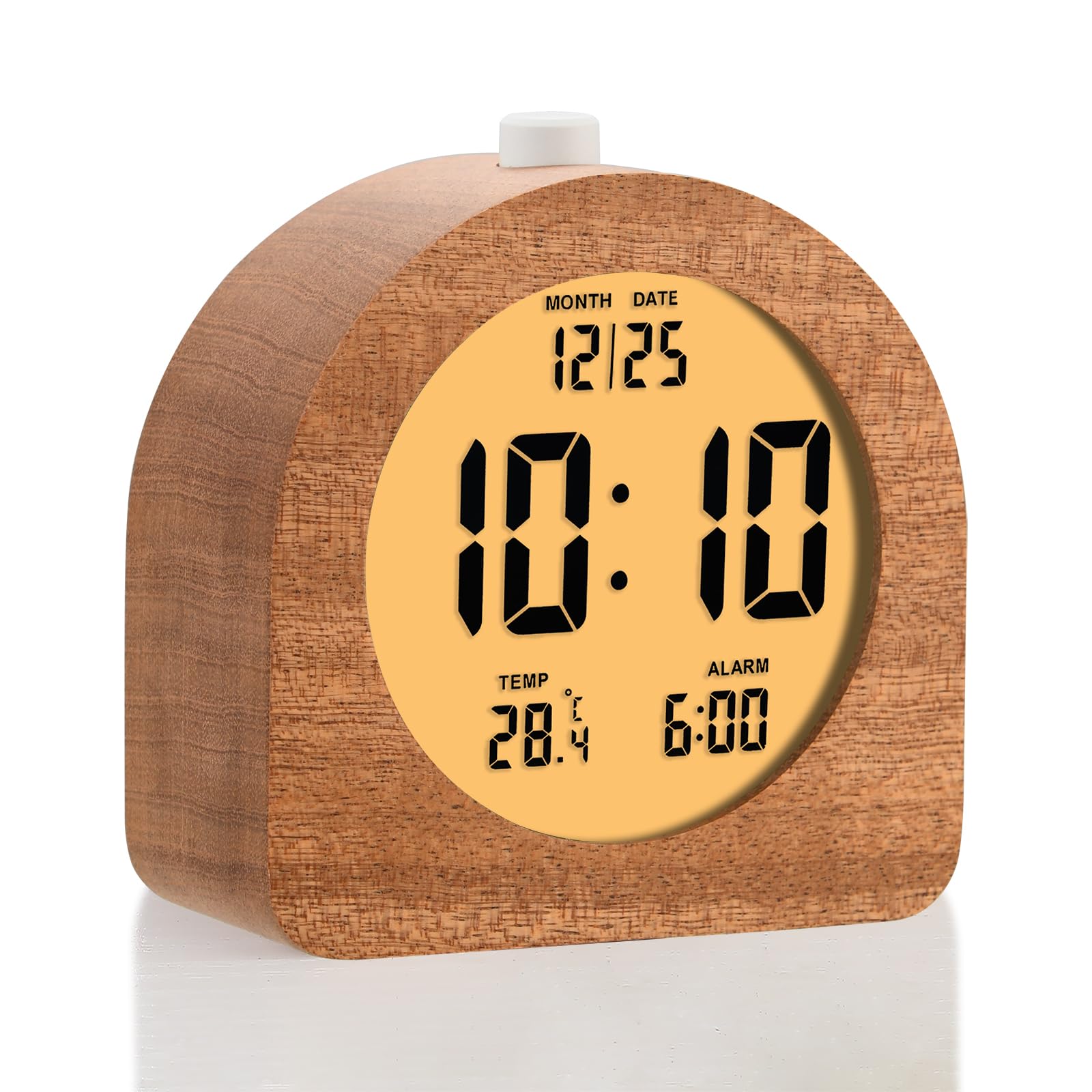 Plumeet Wooden Digital Alarm Clock for Bedrooms, Wood 4'' Battery Powered Alarm Clock with Snooze and Nightlight, Electronic LCD Desk Clock Display Time, Date, Temp, 12/24H, Wood Décor, Round, Sapele