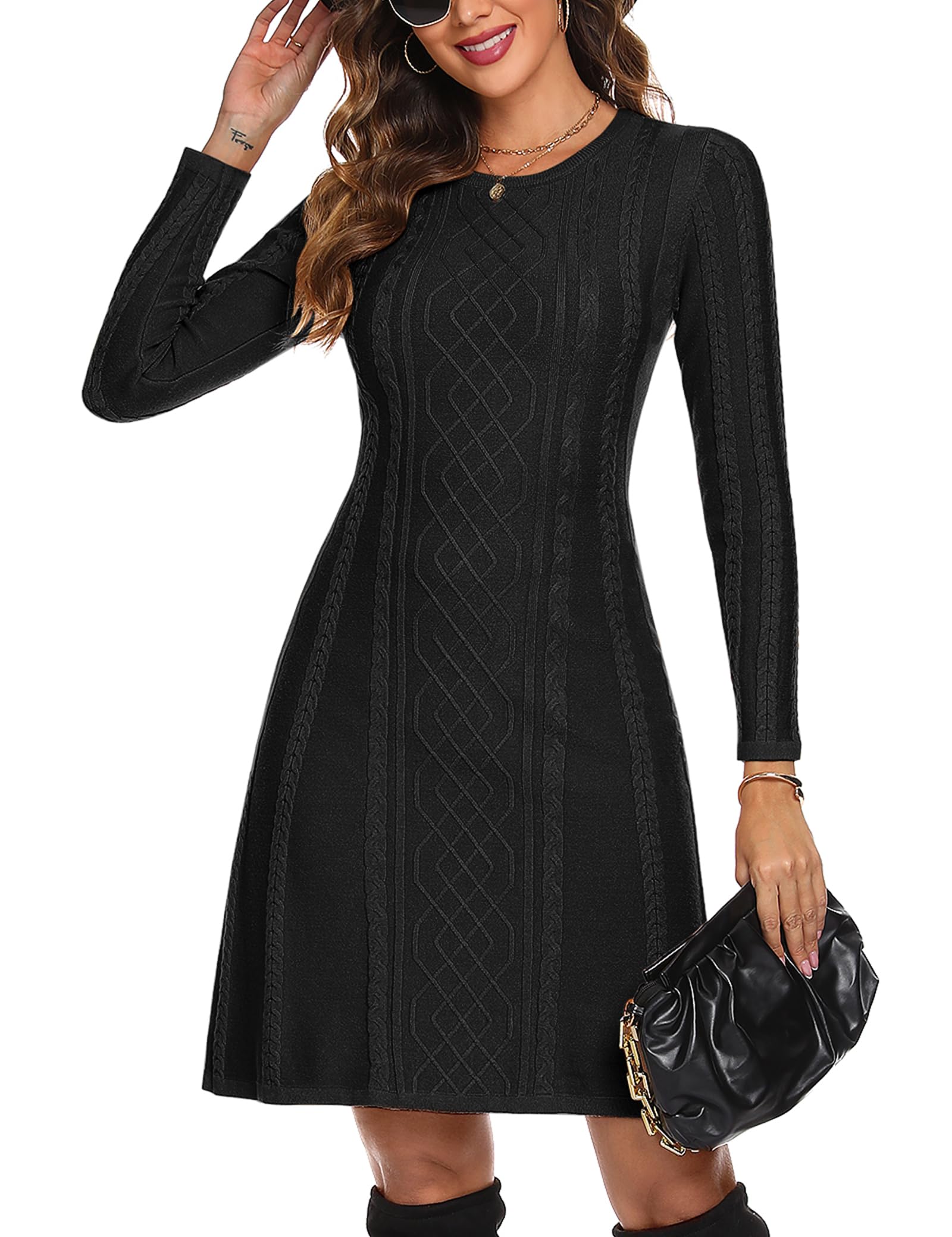 Aottori Vestito Donna Invernale in Maglione Elegante Abito Linea A in Maglia Girocollo Vestiti Pullover a Manica Lunga Maglioni Lungo Elastico Autunno