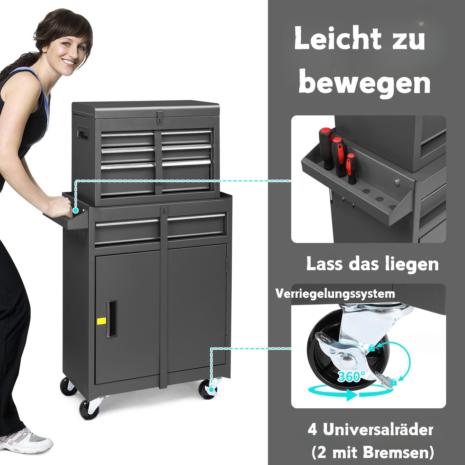 2 in 1 Werkstattwagen inkl.Koffer & 4 Fächer & verstellbarem Regal|werkstattwagen leer|Mobiler Werkzeug-Wagen ohne Werkzeug|Werkzeugaufbewahrung mit Schloss 100 kg Tragkraft|Metal |Rot