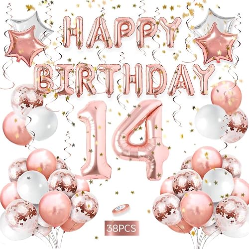 Decoraciones de cumpleaños número 14 para niñas, decoraciones de fiesta de oro rosa rosa para mujeres, para fiestas, pancarta de feliz cumpleaños,