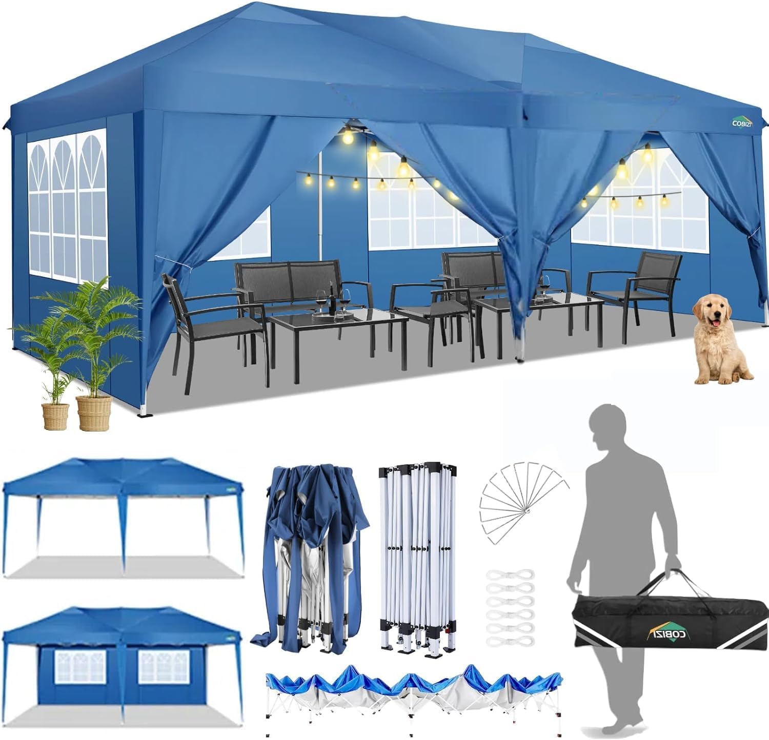 COBIZI Gazebo 3 x 6 m, Folding Gazebo 3 x 6 m Waterproof Stable Folding Tent Anti-UV Folding Gazebo Outdoor Folding Gazebo 3 x 6 m with 6 Side Walls for Garden, Party, Wedding, Picnic, Market, Blue
