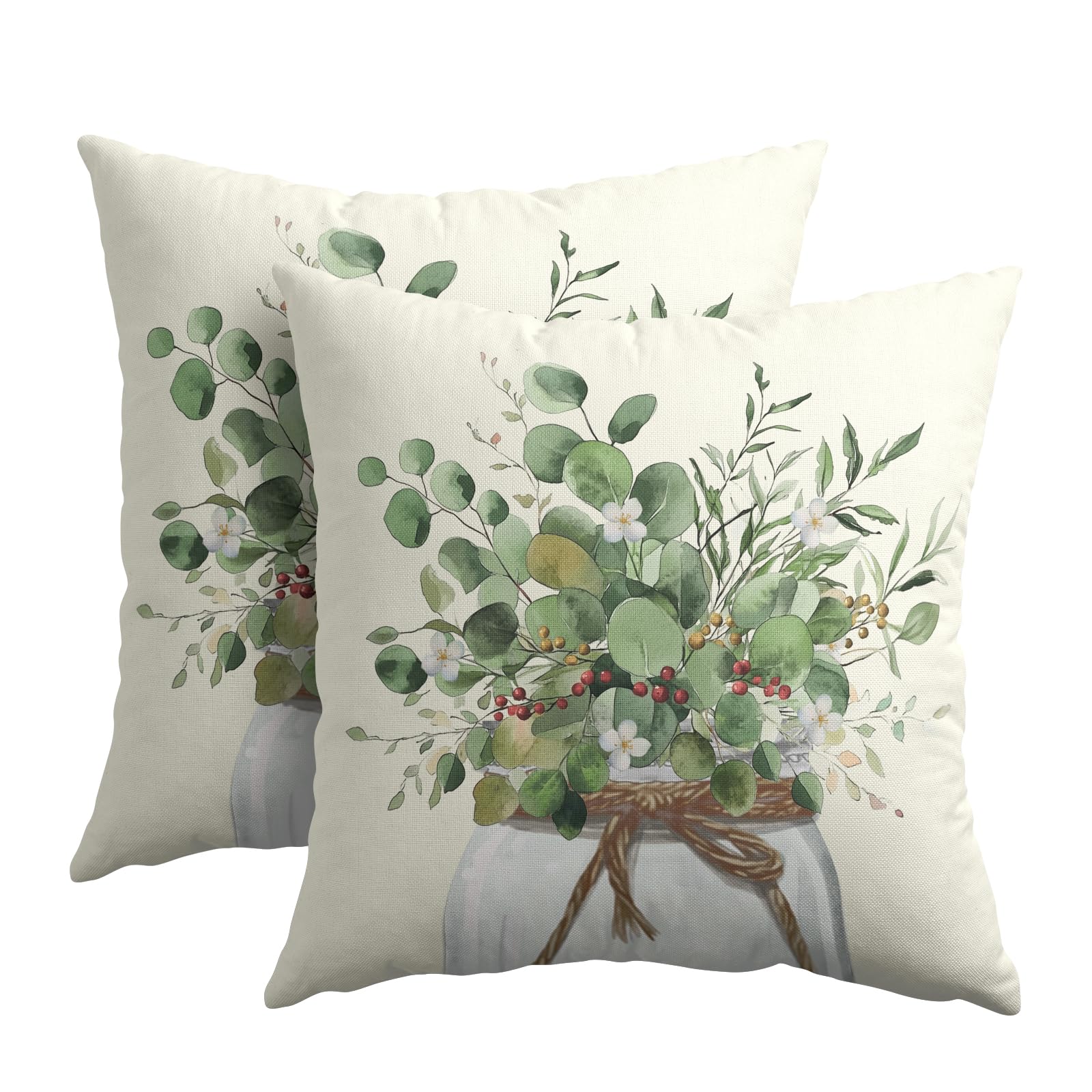 Kawani Eucalyptus Leaves Throw Pillow Covers 20x20 Inch 2Pcs Green Sage Leaf White Flowers Mason Jar Farmhouse Pillowcases Cotton Linen Cushion Cover for Couch Sofa Bed Summer Home Decor