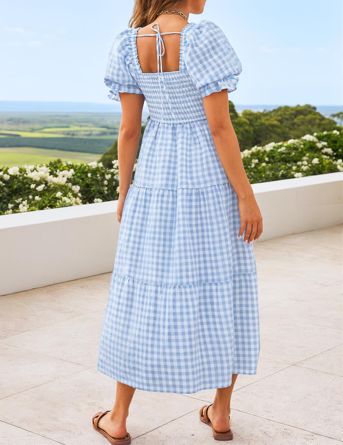 ZESICA - Abito Midi Estivo da Donna 2025, Stile Bohémien, a Quadretti, con Scollo Quadrato e Maniche a Sbuffo, con Volant