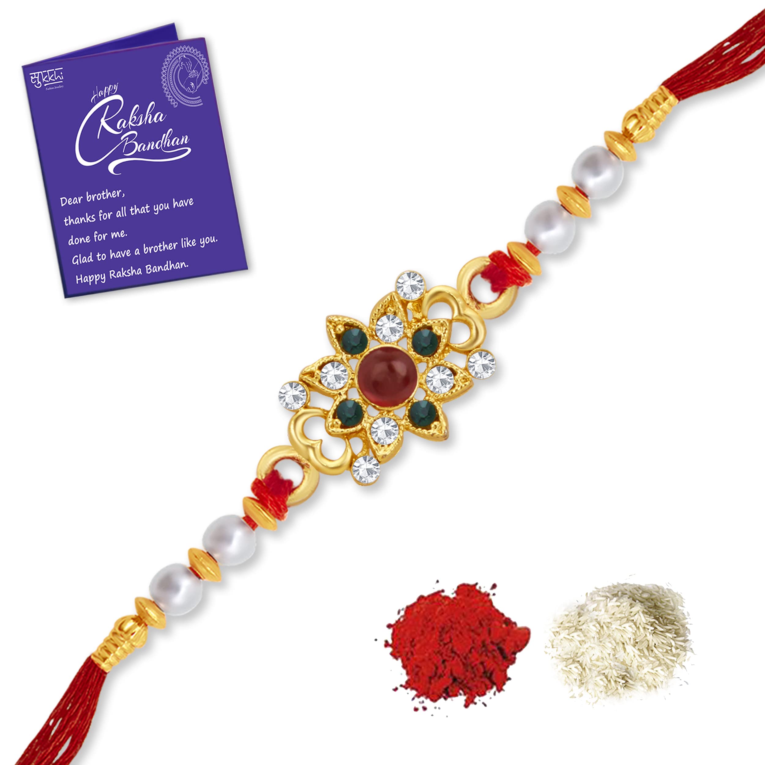 Sukkhi Rakhi Stunning Kundan Designer Gold Plated Premium Rakhi for Brother With Roli Chawal & Greeting Card | Rakhi for Bhaiya | Rakhi for MEN | Kundan Rakhi | (RAK104473) (B0B639TZ39) Amazon Price History, Amazon Price Tracker