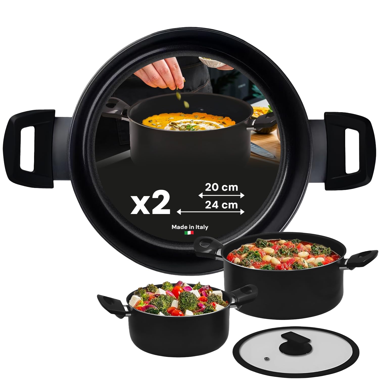 Batería de cocina de 2 cacerolas para guisos familiares con tapas herméticas de silicona