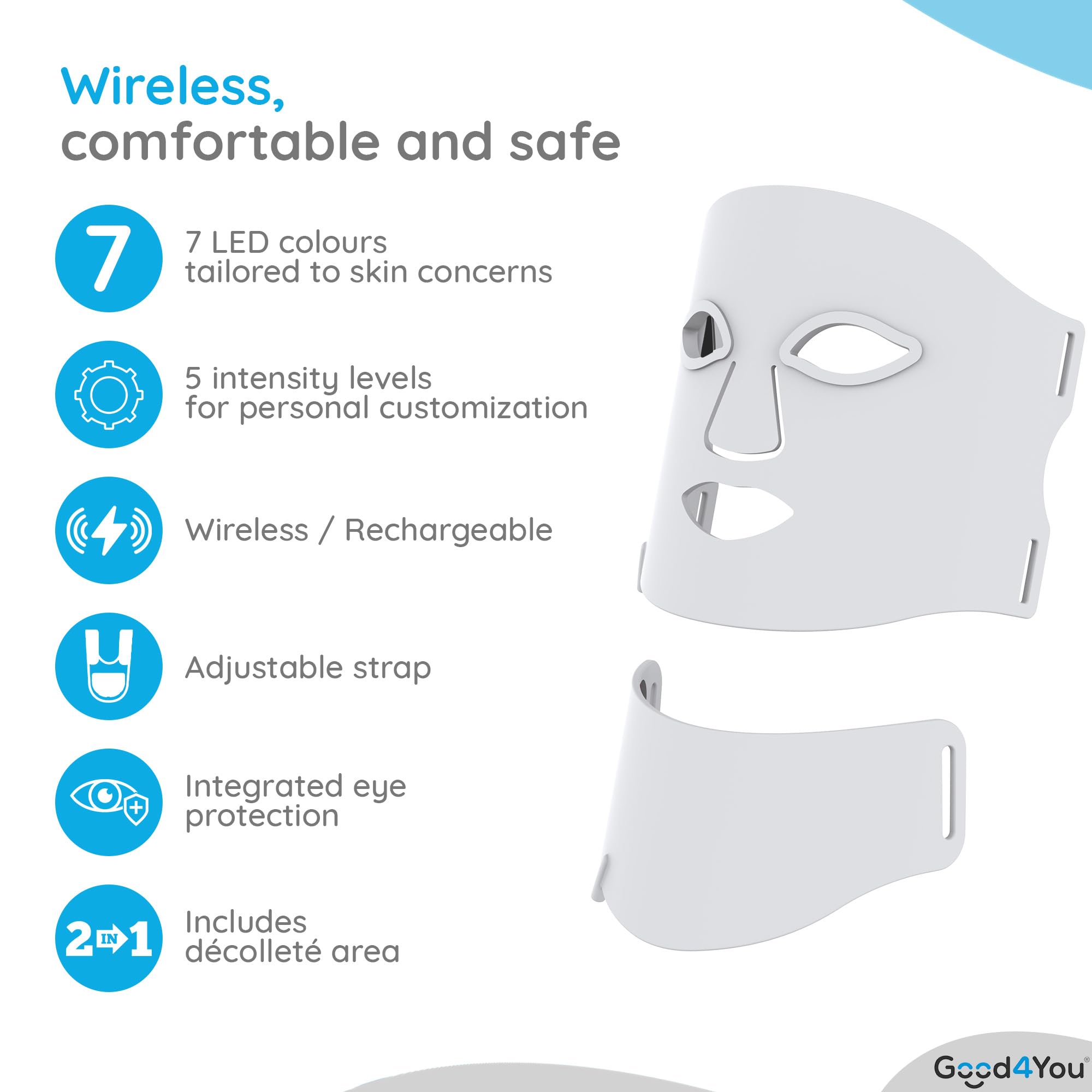 Good4You Maschera per terapia a luce rossa, 7 colori, timer, maschera al collagene, maschera LED, terapia a infrarossi, luce rossa, lampada infrarossa, maschera a infrarossi, toppa per l'acne