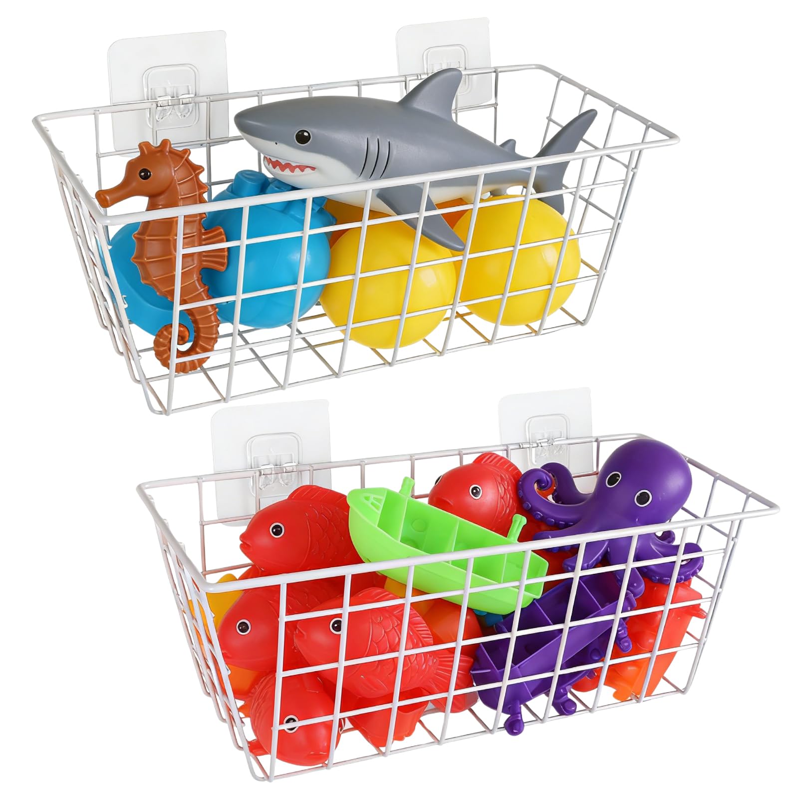 YEXEXINM 2 Pack Metal Storage Organizer, Hanging Mesh Shower Caddy with Adhesive Hooks for Bathtub, Large Bath Toy Holder for Storing Bath Toy, Toiletries, Cosmetics, Clothes (White)