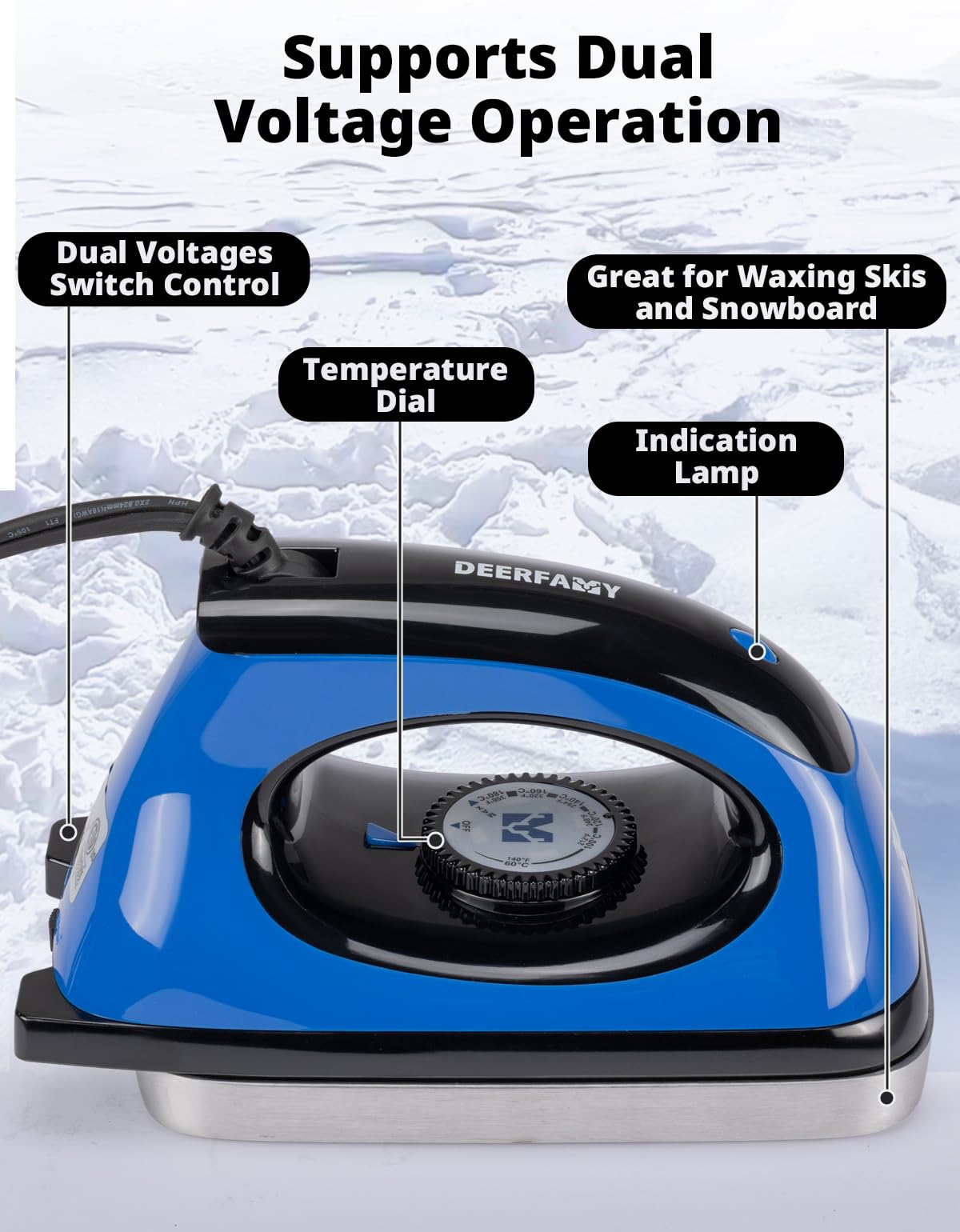 DEERFAMY Ferro da sci per snowboard, 100-125 V/220-240 V, con temperatura regolabile e controllo a doppia tensione, per alpino e nordico