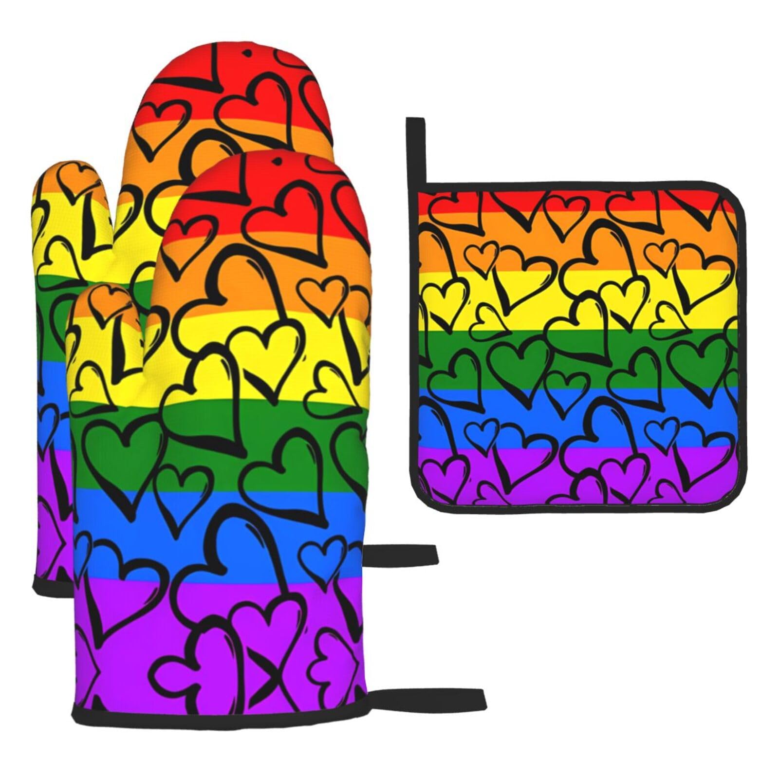 Gay Pride Rainbow Pattern 3-Piece Oven Mitt Set - Printed Heat Resistant Gloves with Pot Holder Mat for Cooking Baking BBQ Grill - Polyester Kitchen Accessories