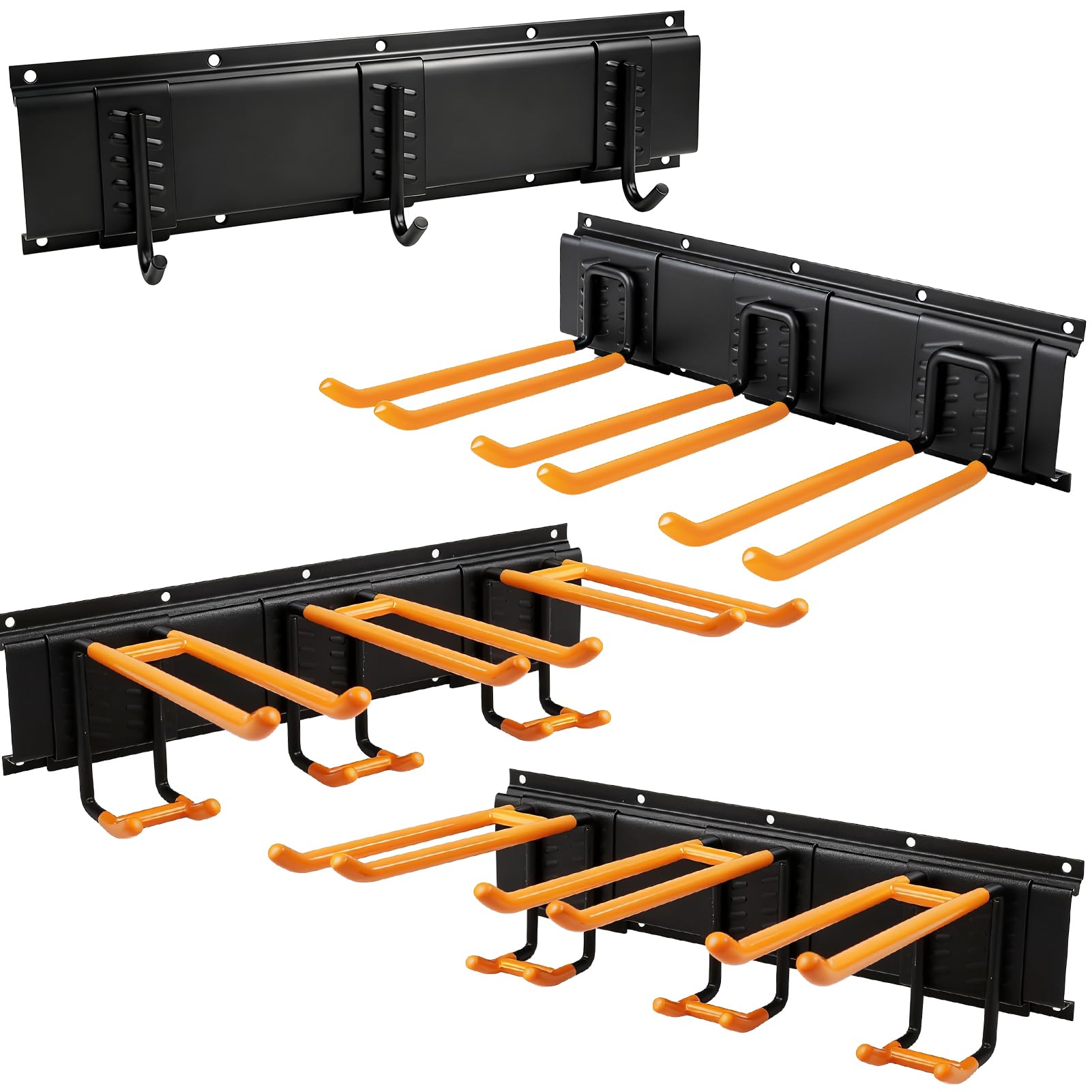 Organizador de Garaje con 4 Guías (162cm), 12 Ganchos Extraíbles con Fundas Antideslizantes, 2 Correas de Carga, Soporte de Jardín de Pared para Taller, Herramientas, Escobas, Rastrillos