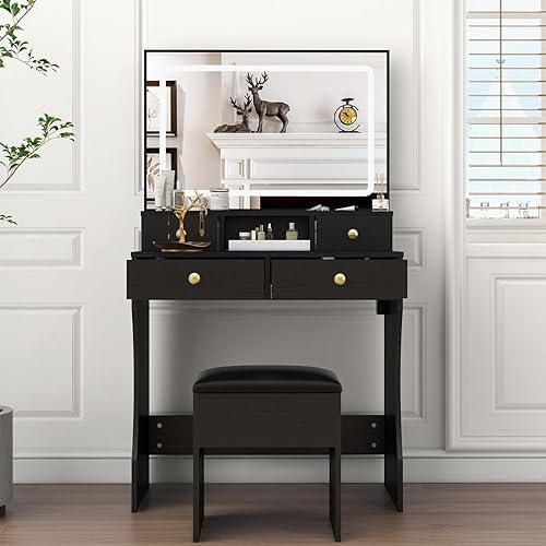 Miniatura 10 de Juego de escritorio de tocador con espejo iluminado LED ajustable, tocador de maquillaje para niñas con taburete y 4 cajones de almacenamiento de