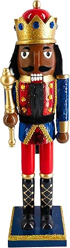 Nutcracker Ballet Gifts, Adornos de Navidad de cascanueces de King, decoración de figura de madera afroamericana con uniforme rojo metálico y dorado
