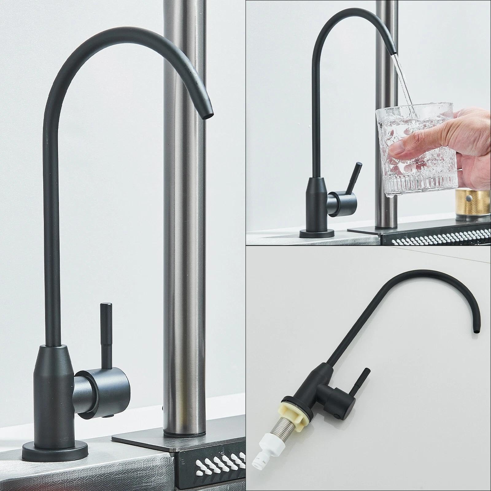 Evier Cuisine 1 bac Inox 60 x 46 x 20cm Professionnel Lavabo Acier Inoxydable Robinet et Lave-Tasses Intégrés, Planche à Découper & Robinet Extractiblen Haute Pression Noir Fonctionnement Silencieux