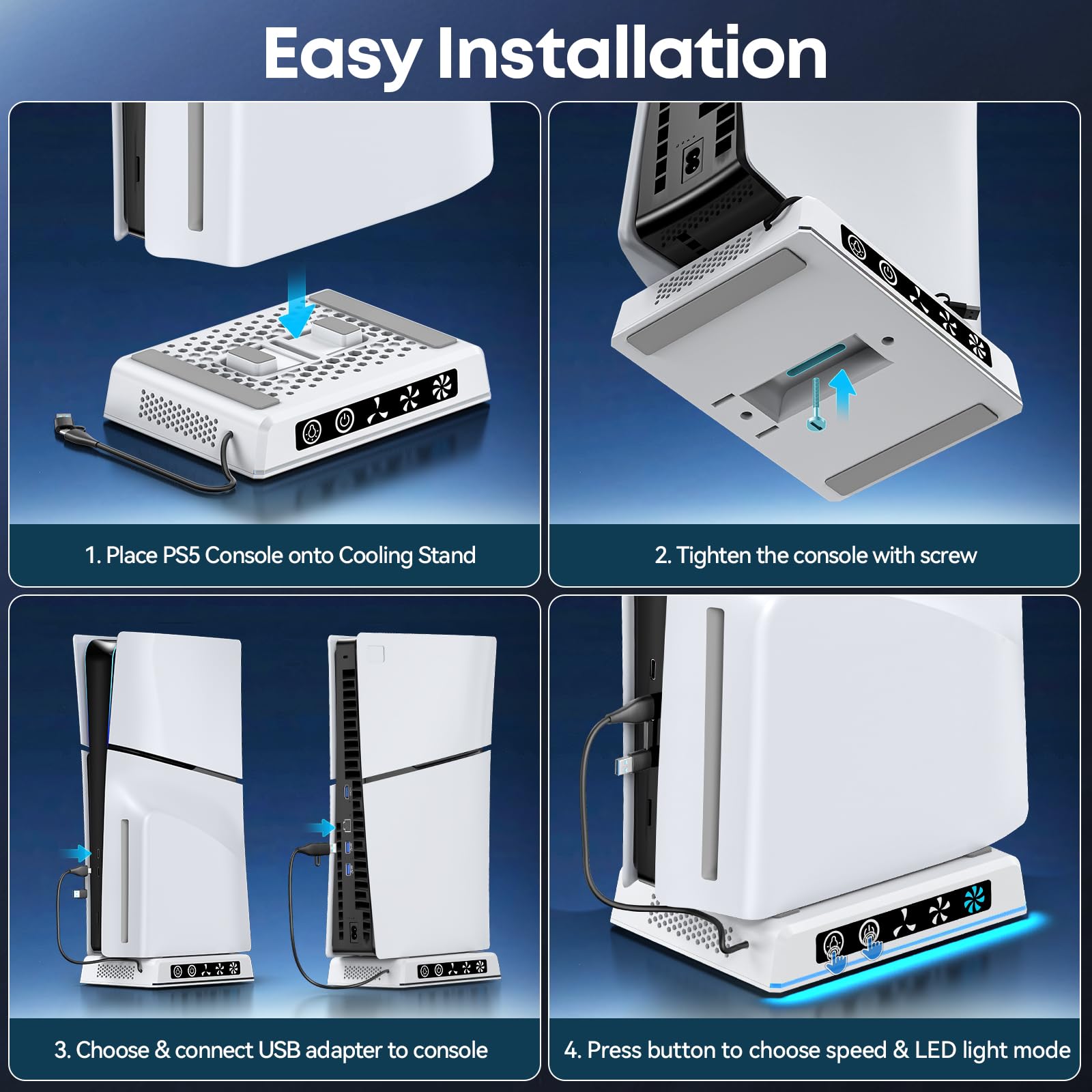 Support de Refroidissement PS5 avec Lumière Ambiente, Ventilateur à Vitesse Réglable 3 Niveaux Compatible avec PS5 Original/ PS5 Slim/ PS5 Pro (Disc & Digital), Câble USB-C/USB-A Inclus