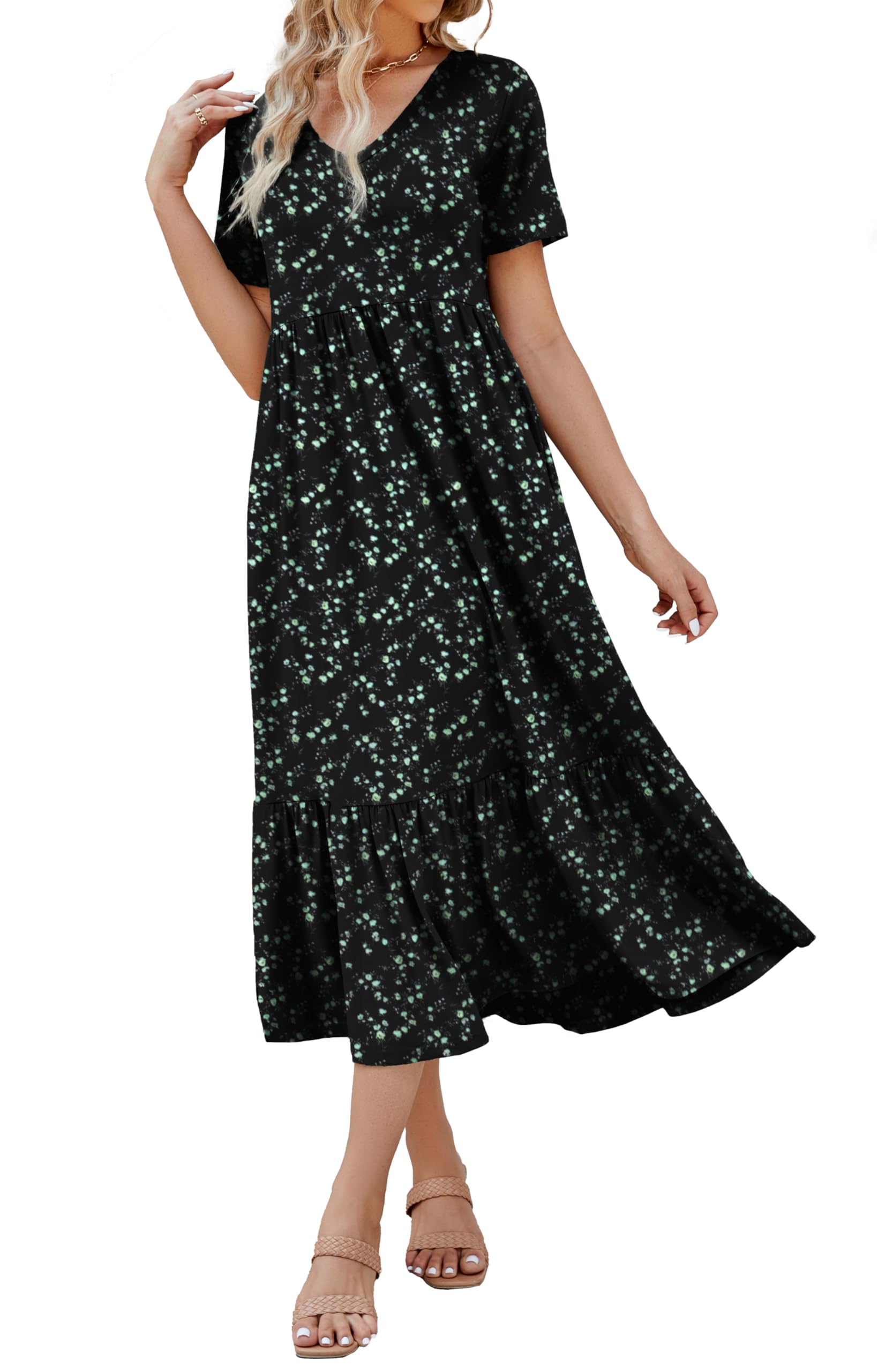 Women's 2026 Summer Short Sleeve V Neck Swing Dress Flowy Tiered Maxi Beach Sundress with…