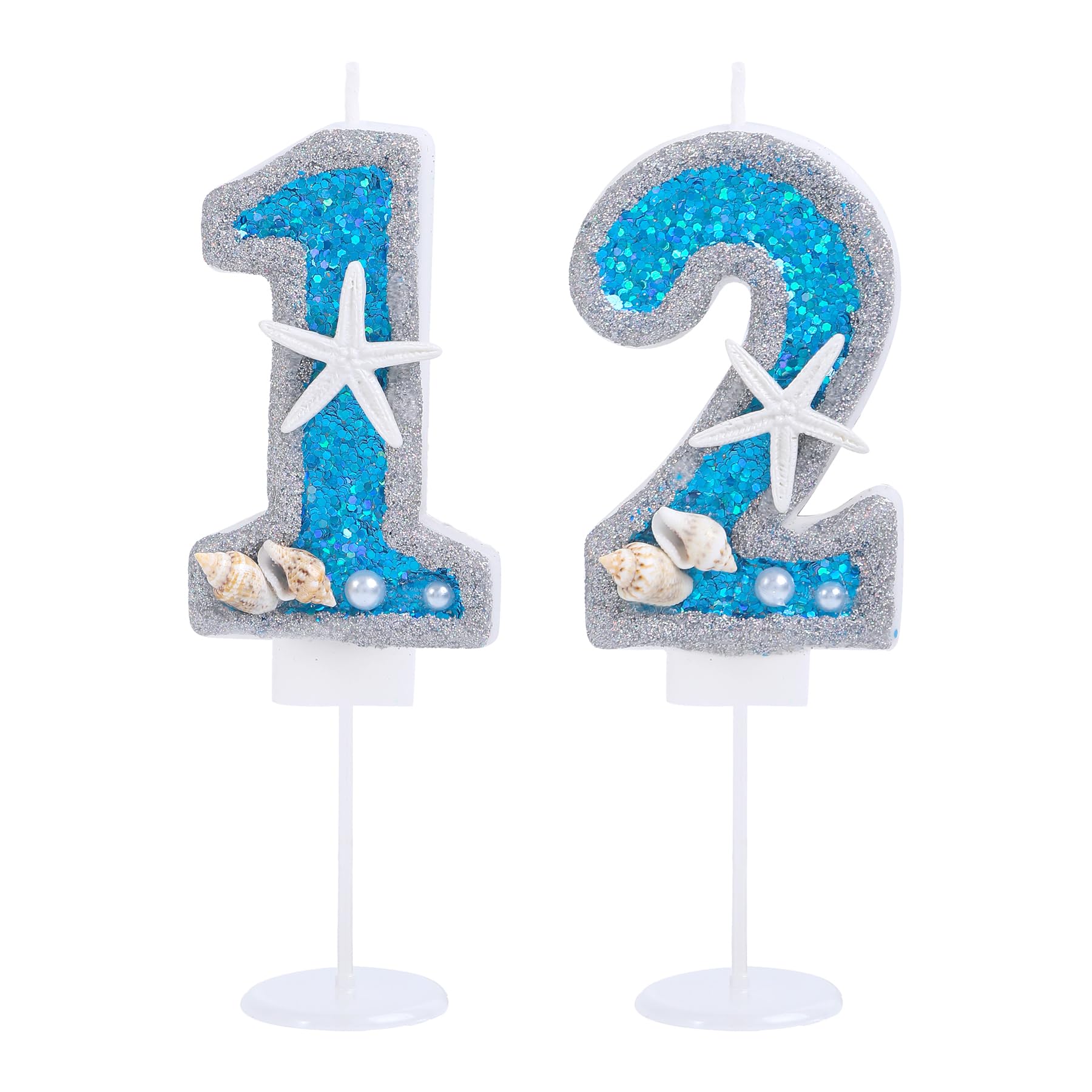 Photo 1 of ** 2 only**Kinsynko Number 12 Candle Birthday Boy Girl 12th Birthday Cake Topper, Pearl Seashell Starfish Sequins 12 Birthday Candle Under The Ocean Sea Blue Theme Party Decoration