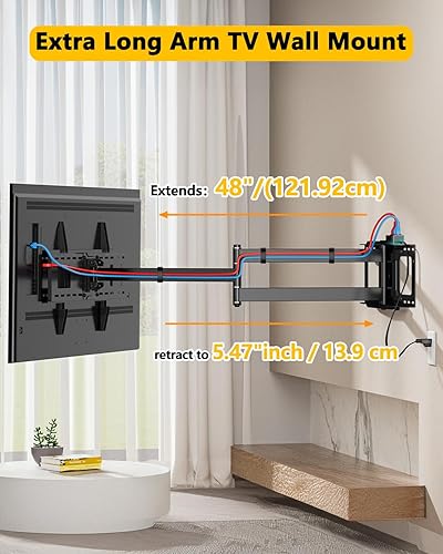 Miniatura 3 de Soporte de pared para TV de brazo largo de 48 pulgadas con regleta de alimentación, soporte de pared giratorio de movimiento completo para pantallas