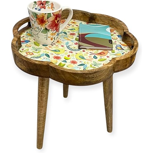 CULTURWAY Wooden Side Table with Floral Tray