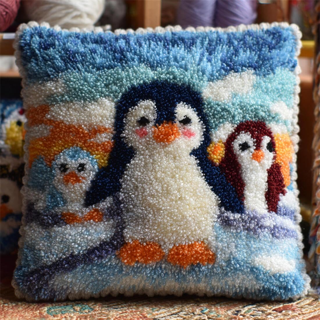 Kitquiver Animal Latch Hook Pillow Kit Cartoon Penguin DIY Latch Hook Kits Pillow Needlepoint Cushion Kit for Home Décor Needlework Set for Adult Beginners 17x17In