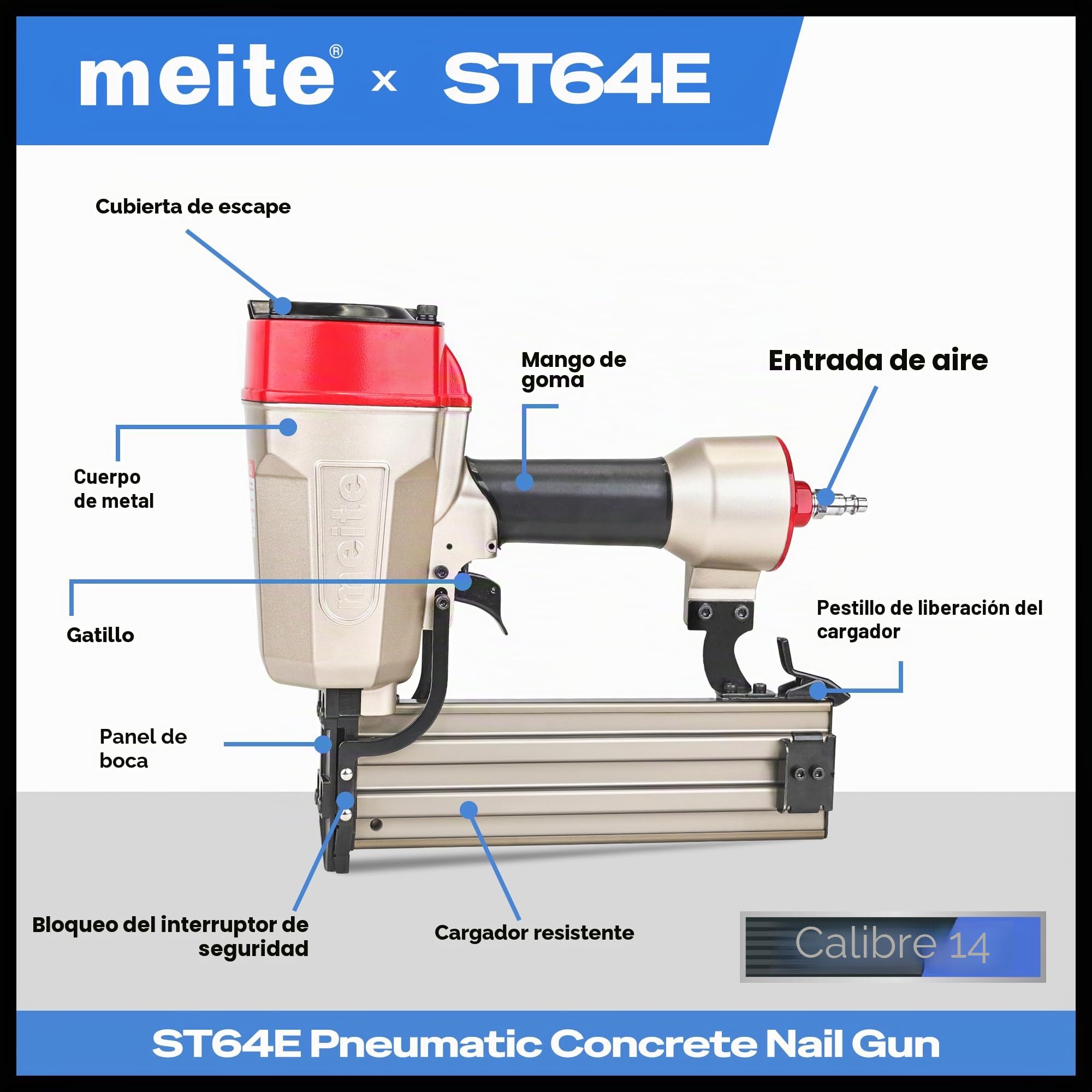 meite ST64E - Pistola de clavos de hormigón con 400 clavos en T de 14 GA de 1-1/4 pulgadas, pistola neumática resistente para madera contrachapada/cubierta/pelaje, cargador de 100 piezas, acepta 3/4