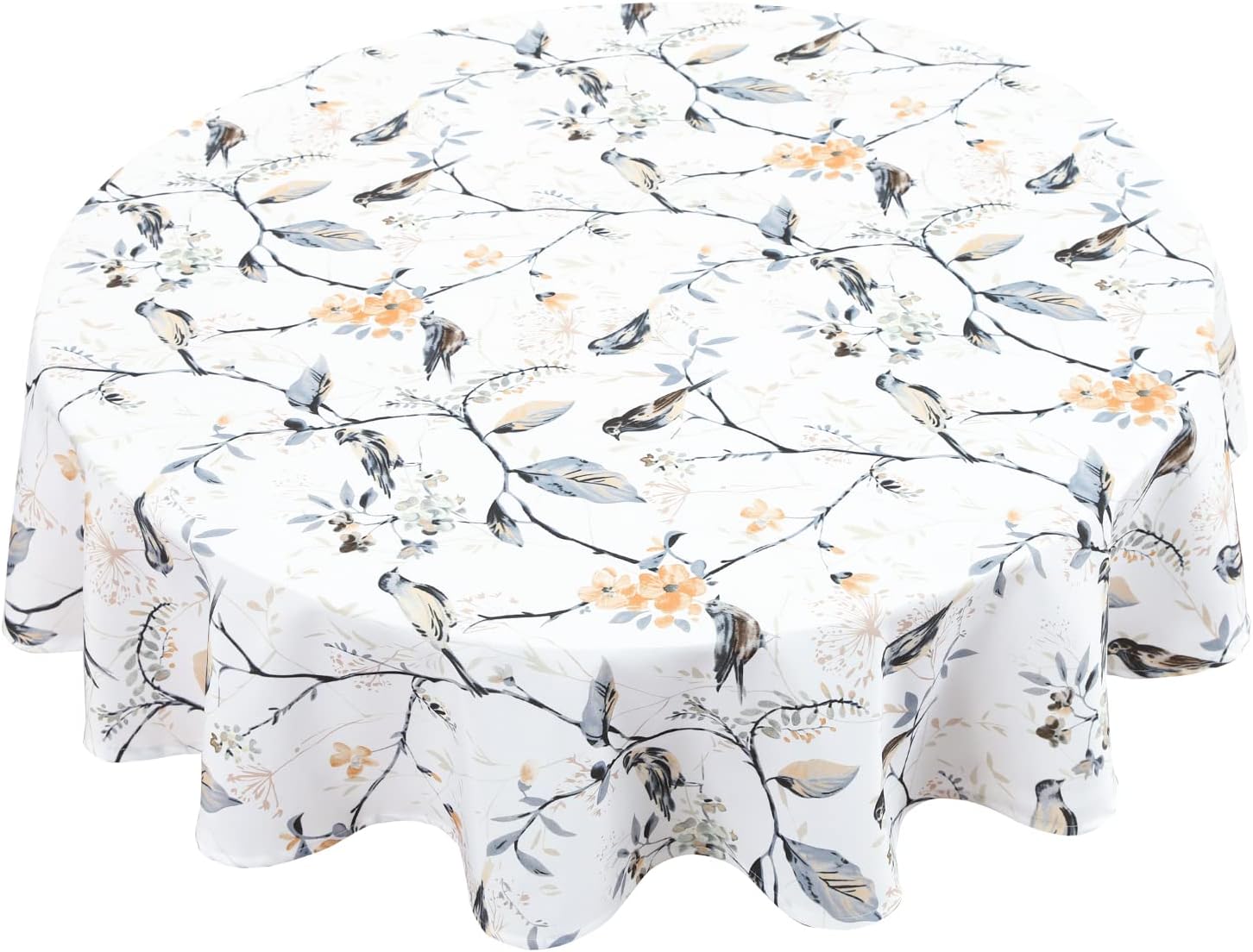 Leeva Polyester Fabric Tablecloth for Picnic, 1 Pack Washable Vintage Style Table Cover for Cafe Restaurant - Gray Birds Print, 60 x 60 Inch, Round