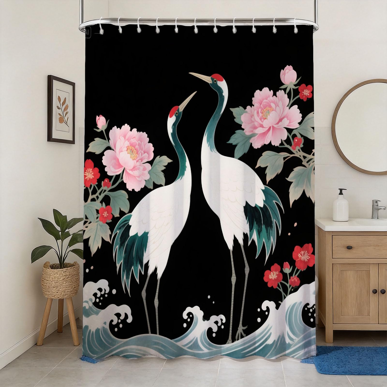 Hongduo 3D Crane Shower Curtain for Stalls Bathtubs Chinese Aesthetics Bathroom Decor Shower Curtain Set Polyester Fabric Waterproof 180x180cm/71X71 Inch with Hooks