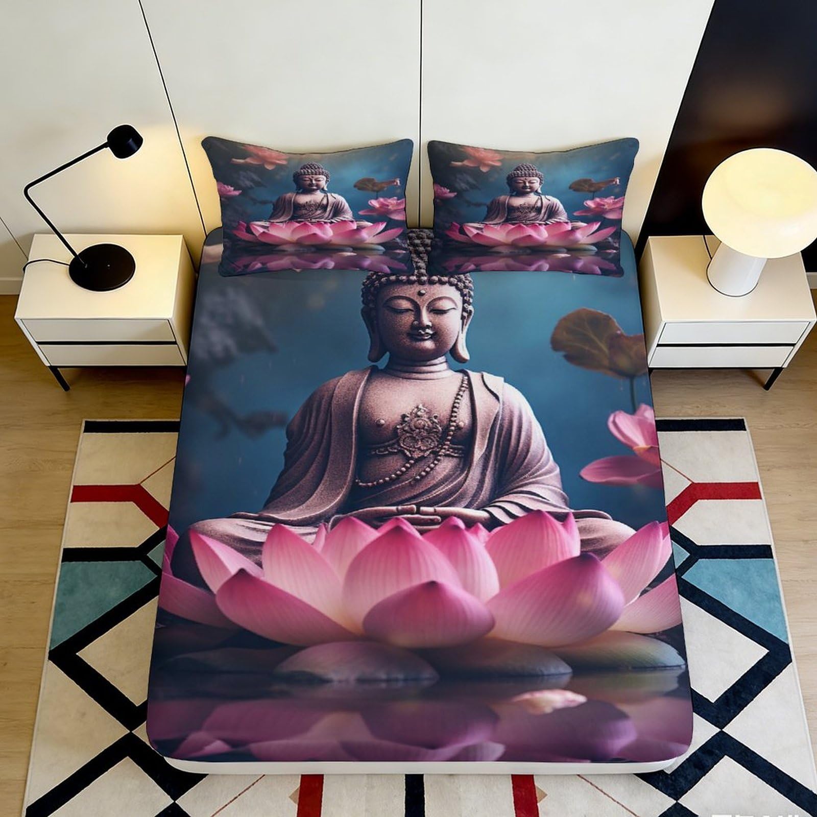 3D Printed Buddha Lotus Fitted Sheet Microfiber Soft Breathable Zen Meditation Bed Cover for Bedroom Guest Room Decor 90x200x25cm