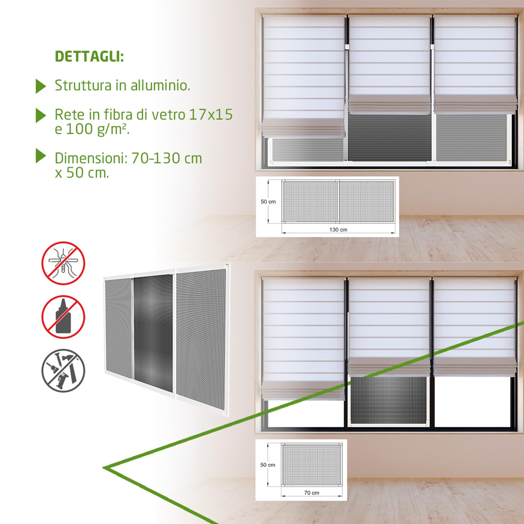 Amig – Zanzariera Estensibile per Finestre | Installazione senza Viti | Inseribile nel binario della persiana | 70 x 50 cm | Regolabile fino a 130 cm | Alluminio Bianco e Rete in Fibra di Vetro Grigia