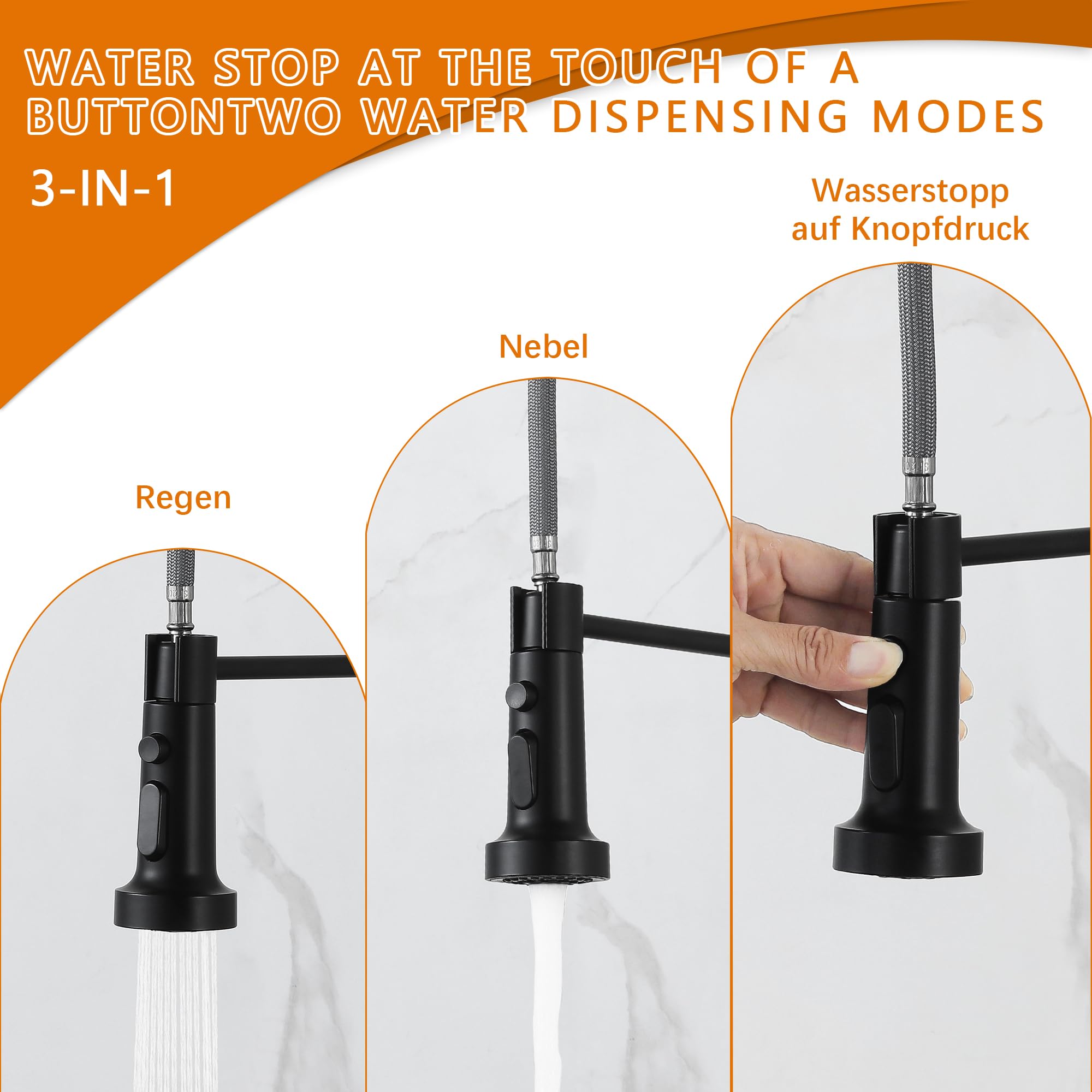 LIWEIKE Grifo de cocina de montaje en pared, rotación de 360° Grifo de cocina negro con 2 tipos de chorro Grifo de pared de montaje