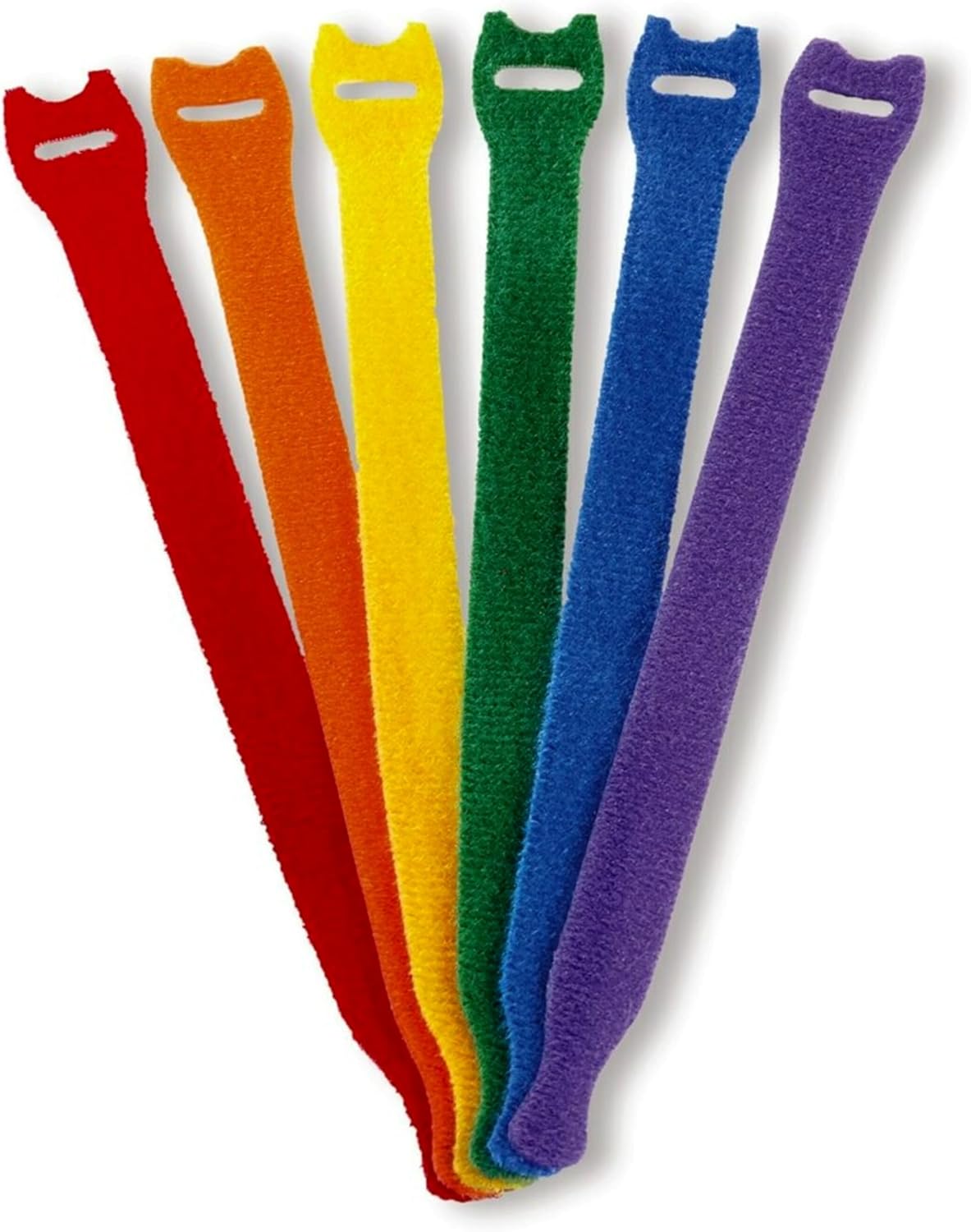 Six Scotch Bundling Straps in assorted colors fanned out, showing the hook and loop ends.