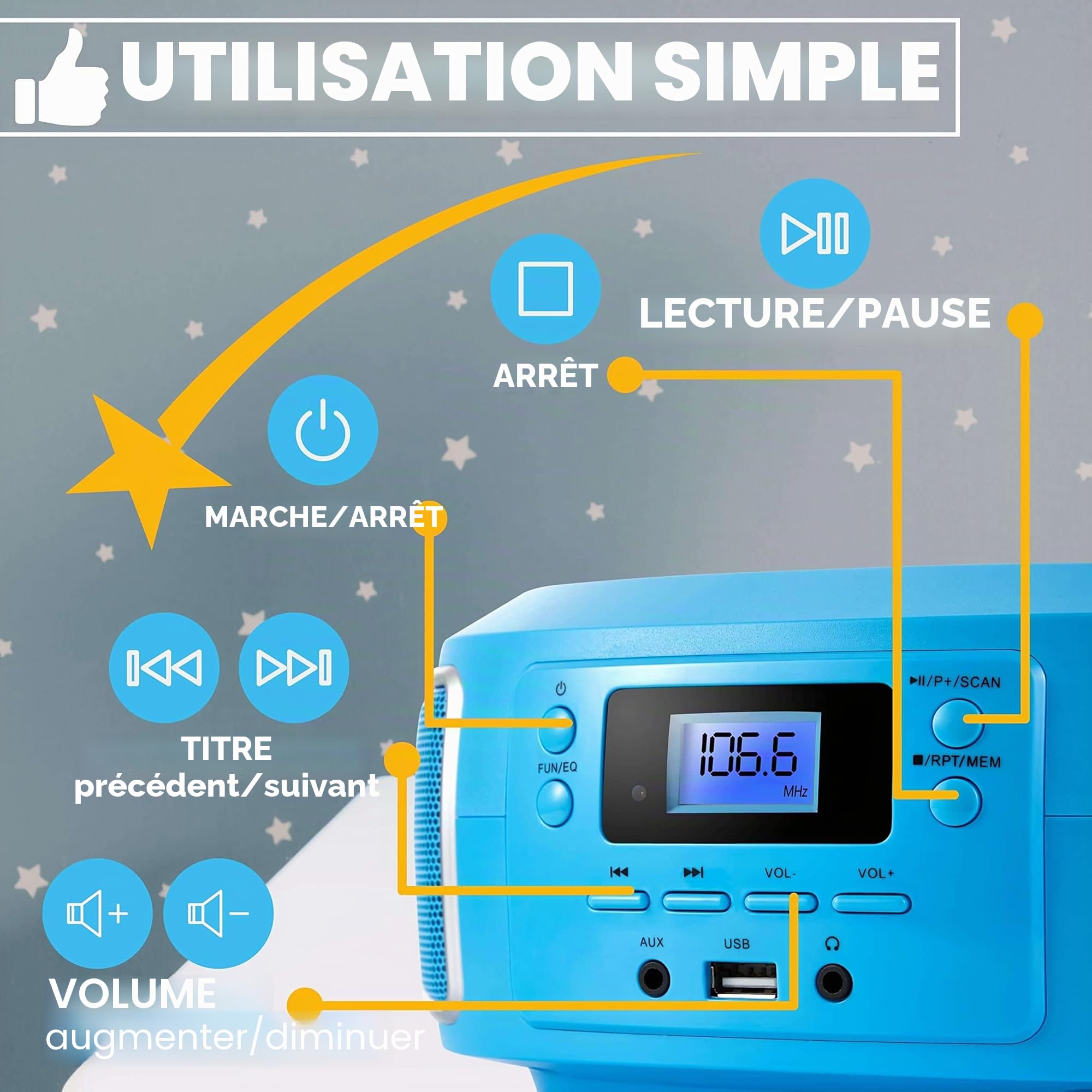 Cyberlux Boombox portable | Radio FM | Entrée AUX | CD/CD-R | USB | Prise casque | Lecteur | Radio enfant | Système compact | Chaîne stéréo | Boombox, Bubble Bleu