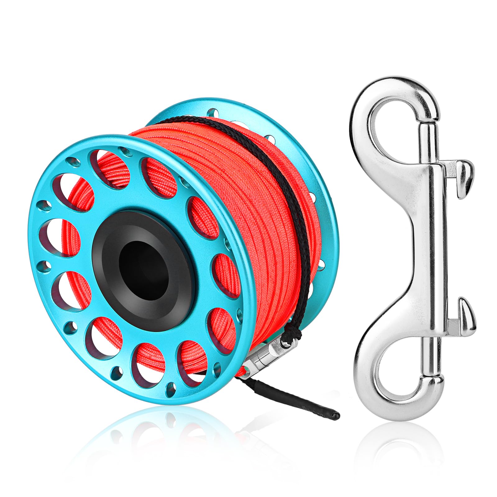 Scuba Diving Reel, Large Spinning Spool Finger Reel with Double-Ended Bolt Snap Clip with 30m/100ft High Visibility Line Aluminum Dive Reel for Wreck Cave Diving Spearfishing Fishing (Blue Reel)