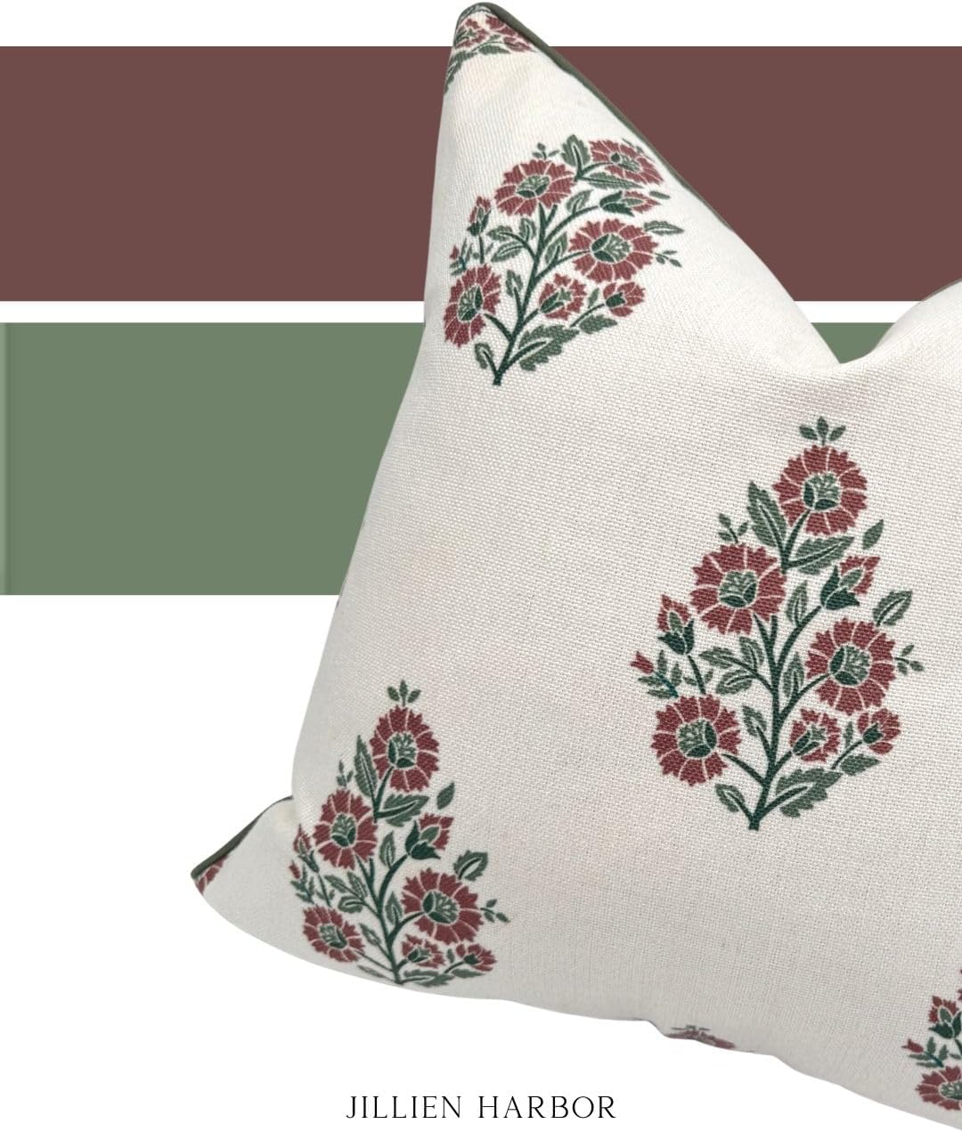 “The Sutton” Burgundy & Deep Green Floral Block Print Pillow Cover – Off-White Decorative Festive Throw Pillow Cover – Grandmillennial Home Decor, 20" x 20"