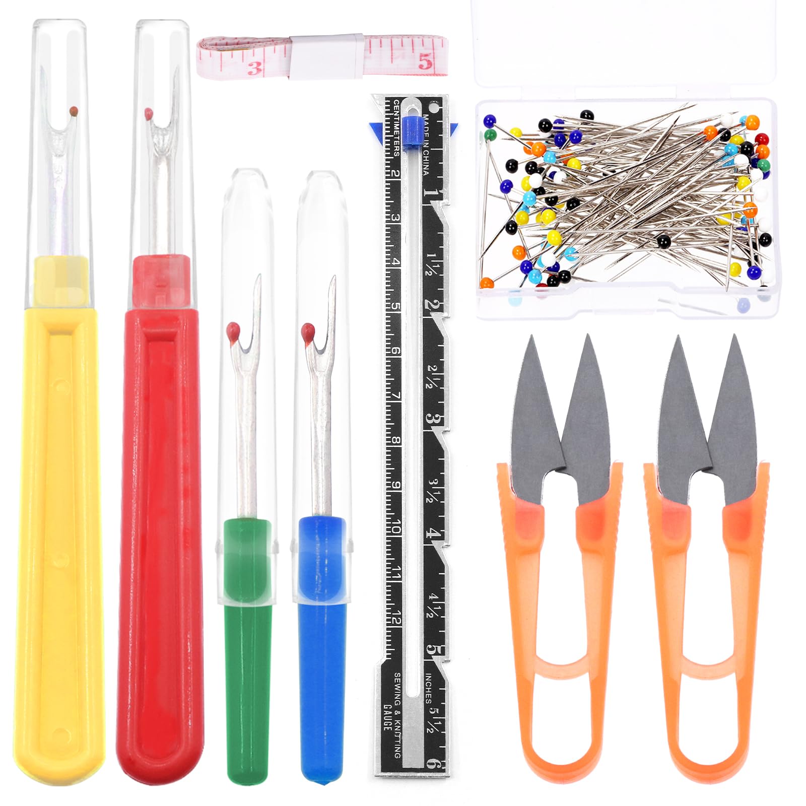 Glarks 508Pcs Sewing Seam Rippers Kit Including 4Pcs Big & Small Seam Rippers, 500Pcs Sewing Pins, 2Pcs Thread Snips, 1Pc Tape Measure and Sliding Gauge for Craft and Sewing Tool