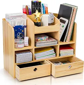 Organizador de mesa de madeira com gavetas, acessórios de escritório de bancada, organização com 10 compartimentos, caixa de armazenamento multifuncional, prateleira de maquiagem para casa