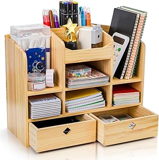 Wooden Desk Organizer with Drawers, Large Countertop Office Supplies Accessories Organization with 10 Compartments, Multifunctional Storage Box Makeup Storage Shelf Rack for Home, Office