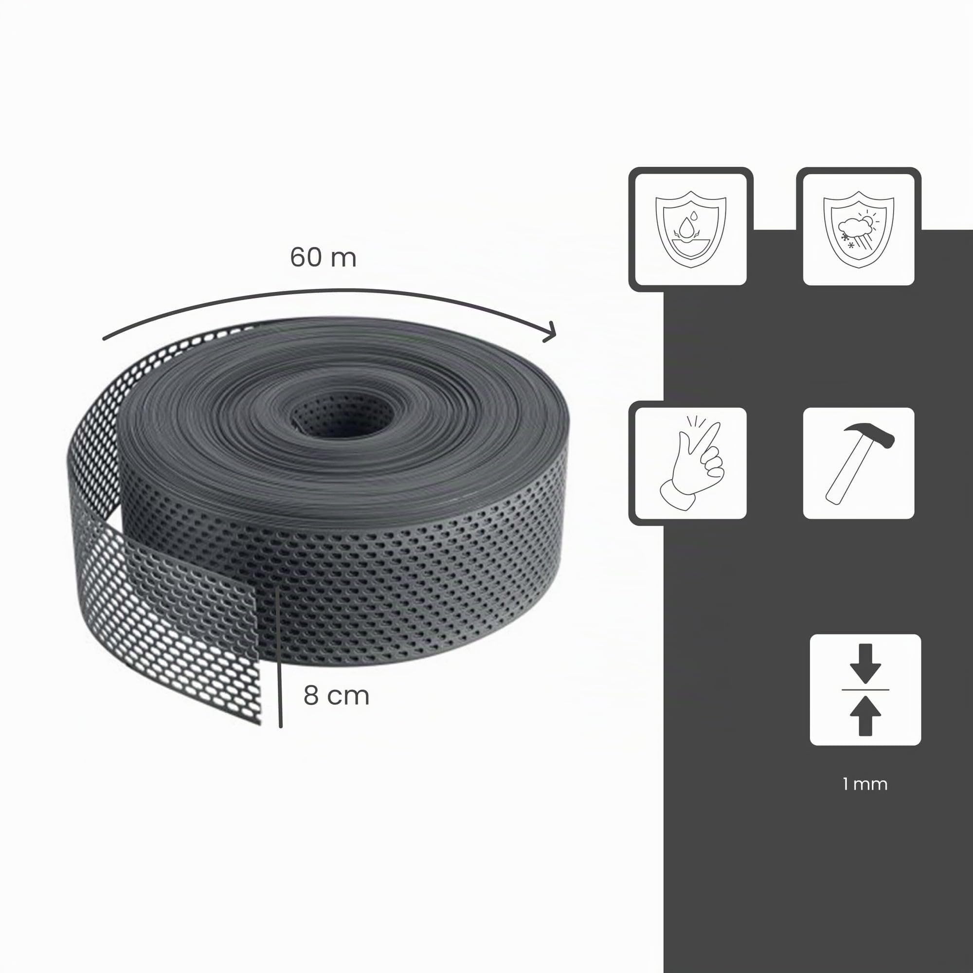 Fassadenprofile Traufgitter 60m x 80mm Schwarz | Vogelschutzgitter, Flexibles Lüftungsband aus PVC Kunststoff zum Vogelschutz, Plastikgitter, ideales Vogelgitter