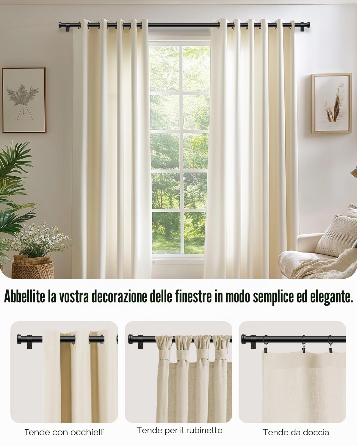 Bastone Tende 80–183 cm, Asta Estensibile Ø25 mm, Bastoni per Tende con Staffe per Finestre di Camera da Letto e Soggiorno, Nero Opaco