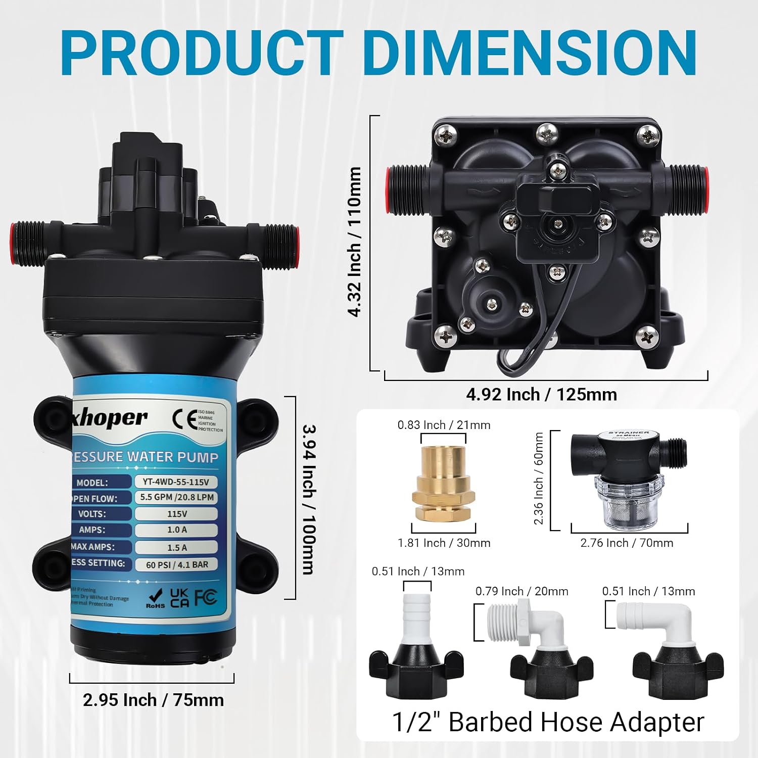 115V AC Fresh Water Pressure Pump - 5.5 Gallons Per Minute 60 PSI Durable 4-Chamber Self-Priming Diaphragm Pump with Pressure Switch & 1/2" NPSM Fitting for Kitchen, Bathroom & Camper
