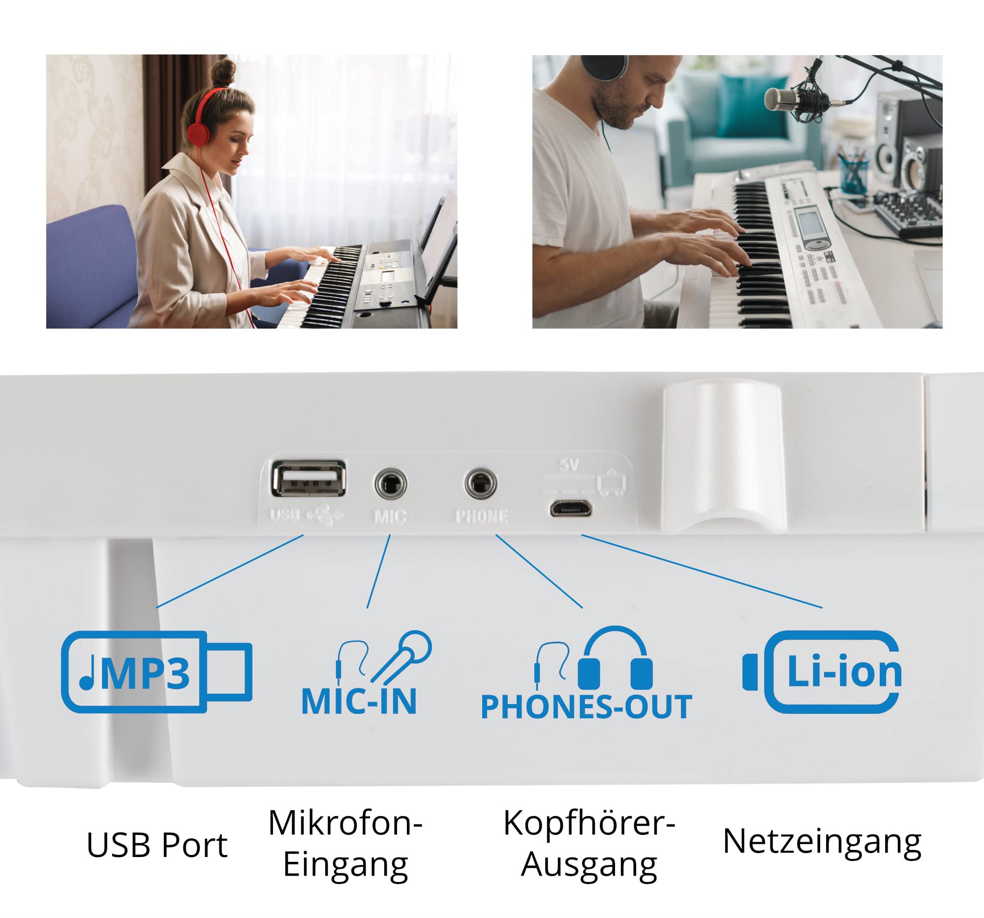 McGrey 6170 Akku-Keyboard Weiß Safety Fix Set, LC-Display, 200 Sounds | Einsteiger-Keyboard mit 61 Tasten in Standard-Größe, Integrierter Li Ion-Akku mit 1200 mAh, 200 Rhythmen, 70 Demo Songs, 5 cm