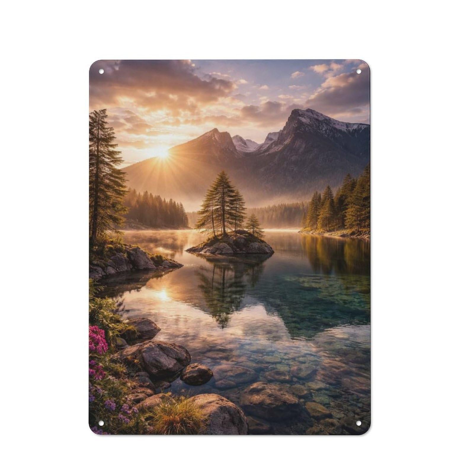 Junmoney Style-2 Creative Serene Mountain Lake Sunrise Office Metal Sign 40X30cm, Study Room Decor For Workspace, Cafe, Shop Or Desk Area