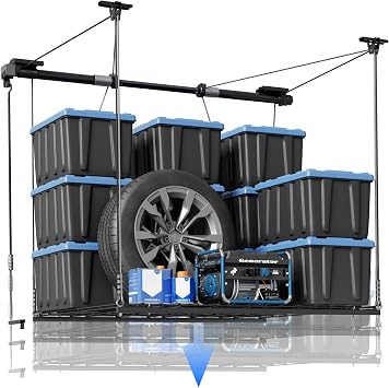 FLEXIMOUNTS Garage Lifting Metal Rack, 4x4 Ft Overhead Garage Storage Racks, Adjustable Heavy-Duty Ceiling Organization System, 350lbs Weight, Satin Black