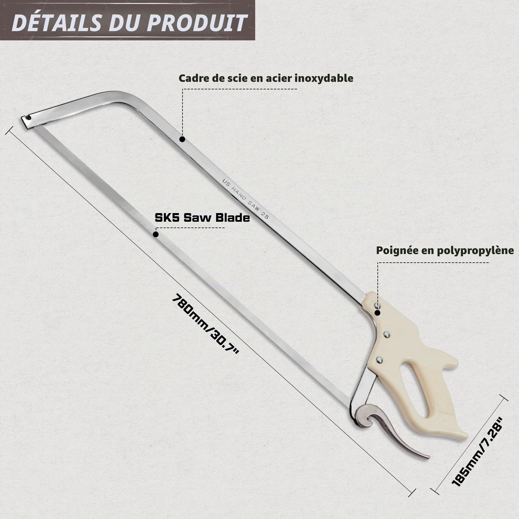 Scie de boucherie 63.5 cm Scie à boucher avec Structure en aluminium et lame SK5 Scie à main pour la transformation de la viande