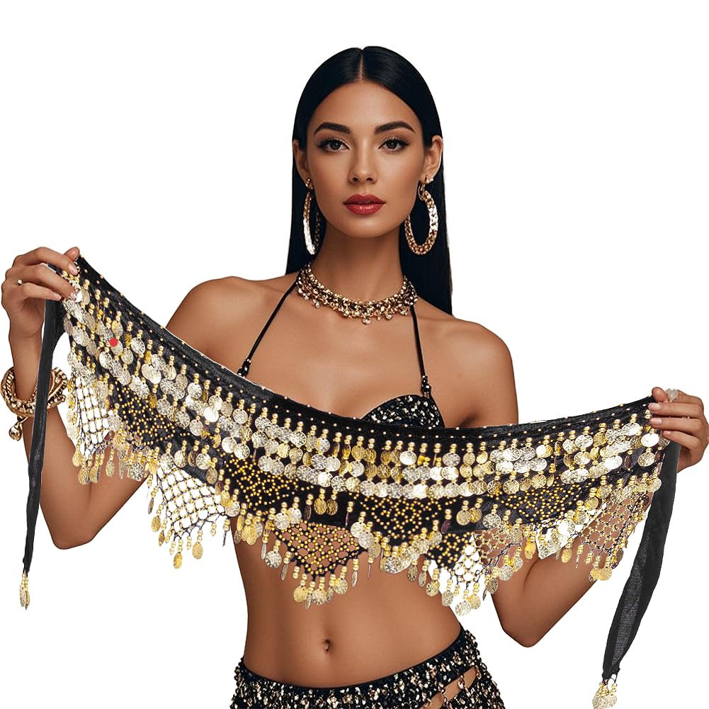 Leemiman Women's Black With Golden Coins Triangle Belly Dance Hip Belt With Gold Coins Dance Costume Wrap Skirts (Black)