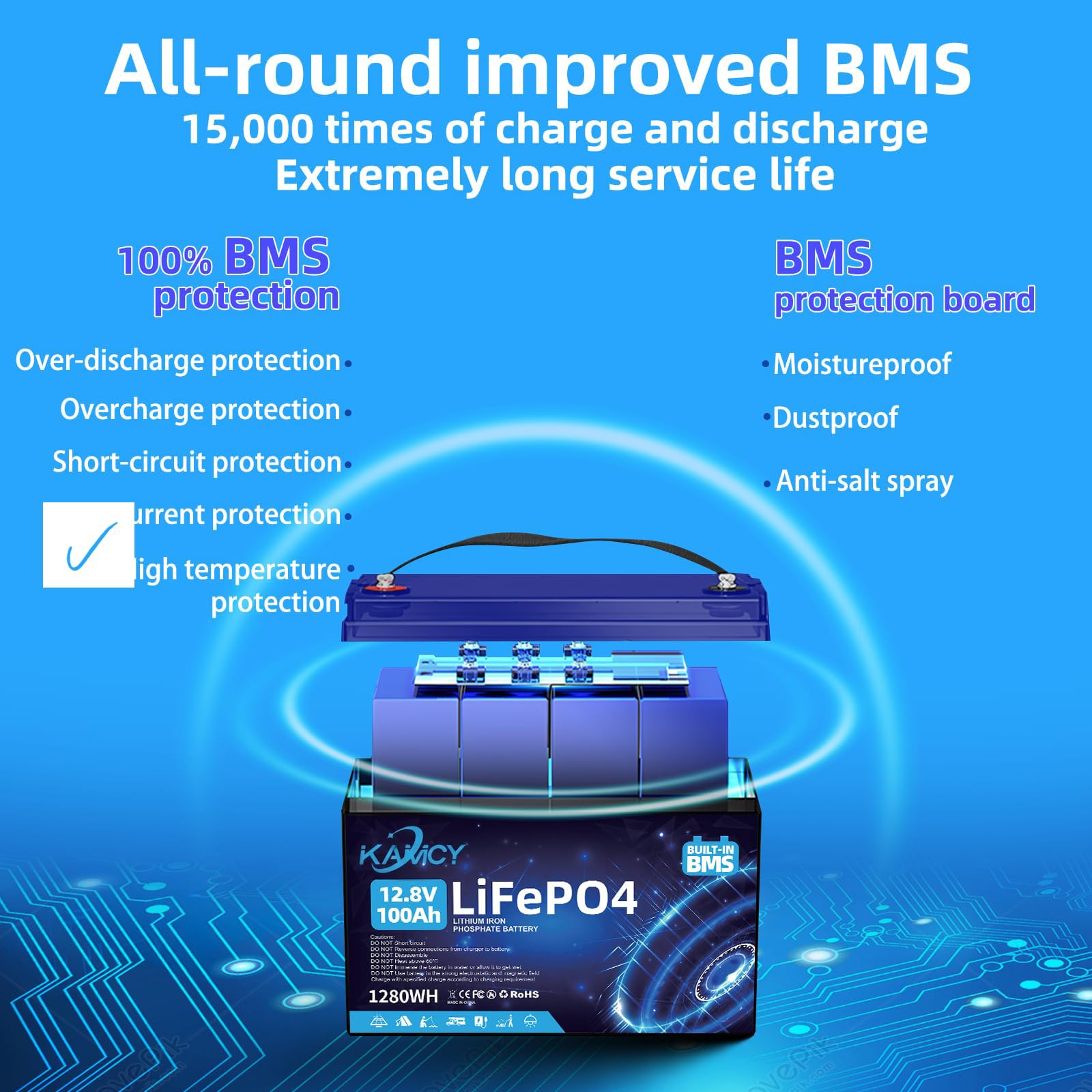 Batería de litio LiFePO4 de 12 V, 100 Ah, 100 A, BMS con 15.000 ciclos profundos, batería de litio de 1280 W de potencia máxima, para autocaravanas, instalaciones solares, barcos, hogar, camping