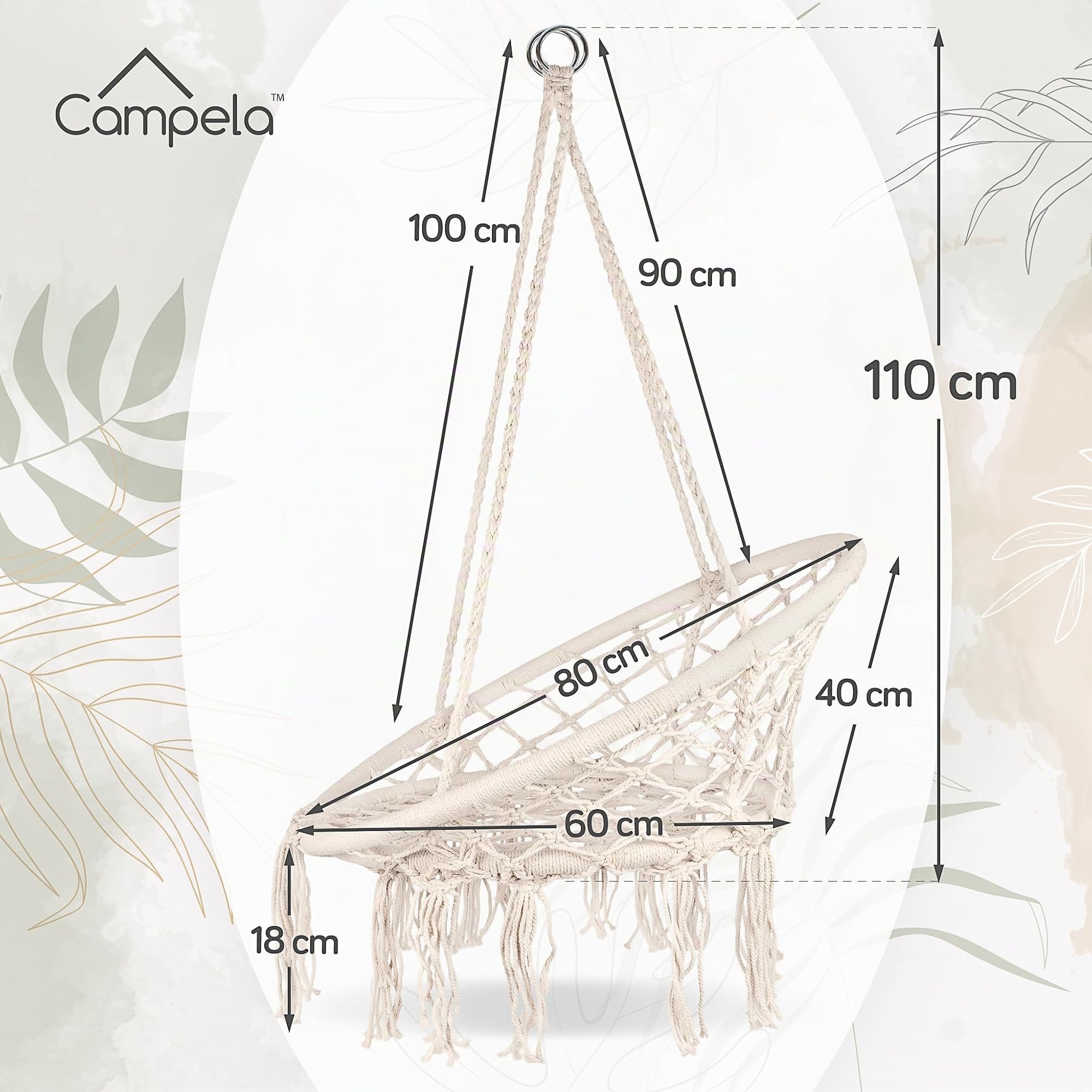 Poltrona sospesa boho ecru – Sedia amaca robusta 150 kg – Corde cotone/poliestere e telaio in acciaio zincato