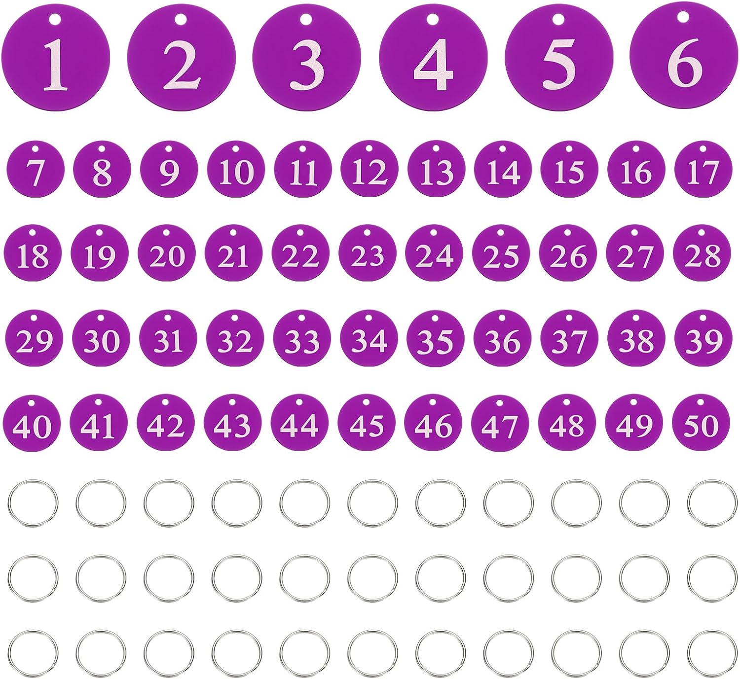 PATIKIL 50PCS Number Tags 1-50, Number Key Tags Aluminum Numbered Keychain Metal Round with Key Rings for Organizer Field Sales Hangers Clothes Labels ID, Purple