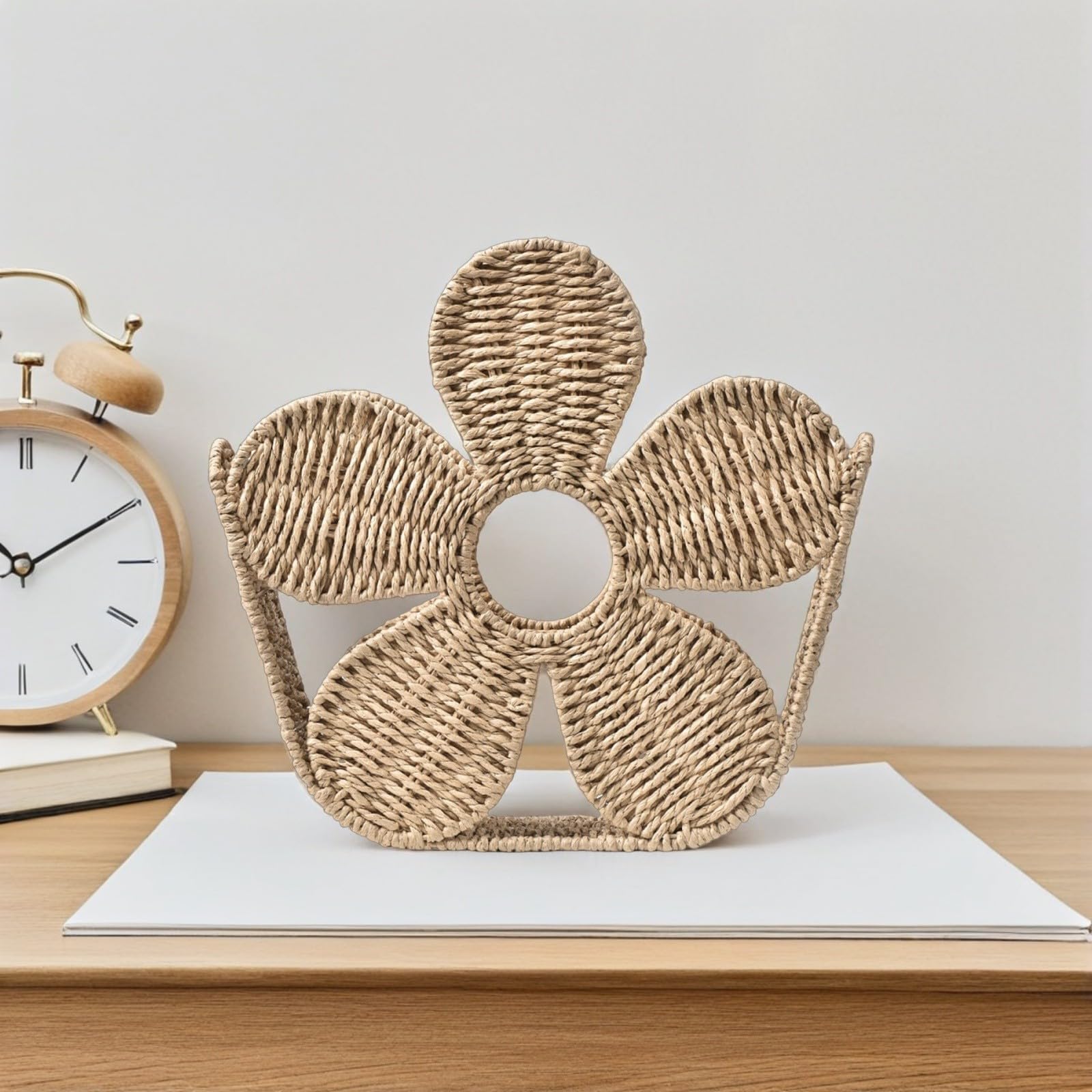 Garneck Cesta de Cuerda para Escritorio Diseño Floral, Organizador de Revistas Beige Superficie Fácil de Limpiar y Gran Capacidad de Almacenamiento para Dormitorio o Baño