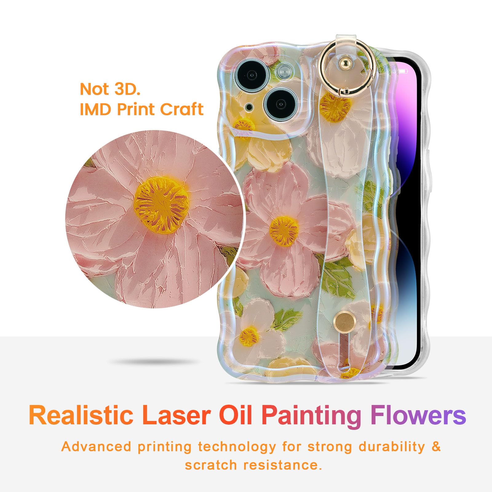 EYZUTAK Case For IPhone 14 Pro Max, Colorful Retro Oil Painting Flower Leaf Laser Glossy Pattern Cute Curly Waves Edge Exquisite Phone Cover Stylish
