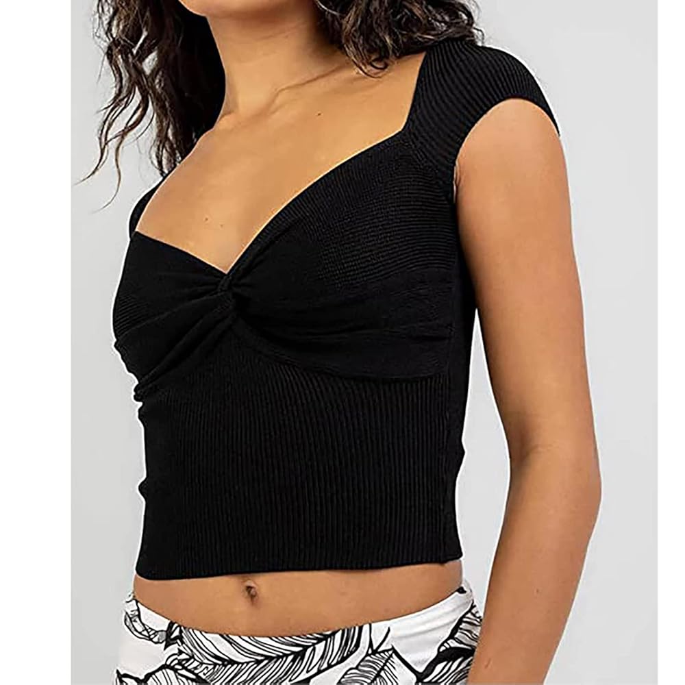 Women Sexy Twist Front Crop Top Short Sleeve Sweetheart Neck